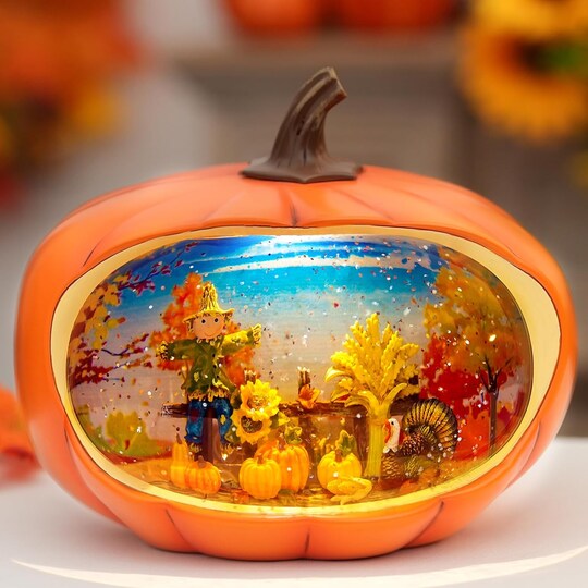 Citrus; Lighted Pumpkin Snow Globe Fall Decor, Swirling Glitter Thanksgiving Pumpkin Lantern Tabletop Decoration with Turkey Corn Maple Wheat Scarecrow, USB or Battery Powered, 7.4 Inch; Category:Pumpkin Decor; Image:1